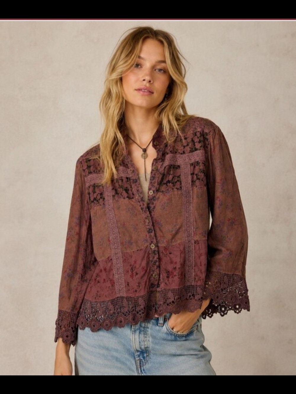 Young Threads Boho Lace-Trim Button Front Blouse in Mauve
